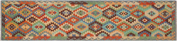 Flat Weave Kilim, Antique, Navaho, Vintage, Handmade, Geometric Kilim Blue Rust Hand-Woven Runner 100% Wool Area Rug 3 x 13